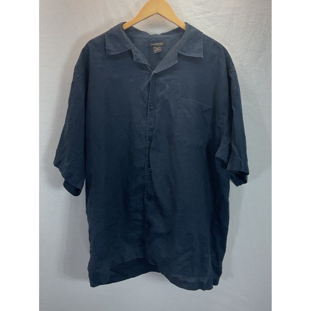 Godbody Navy Linen Short Sleeve Button‎ Up Shirt Men's XL Quiet Luxury Vacation